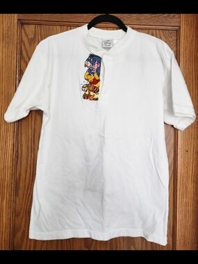 90's Disney Short Sleeve Henley Tee with Winnie the Pooh Character Embroidery
